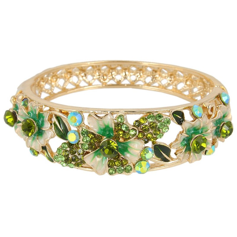 EleQueen Women's Gold-tone Austrian Crystal Enamel Flower Leaf Bangle Bracelet Green - Image 1